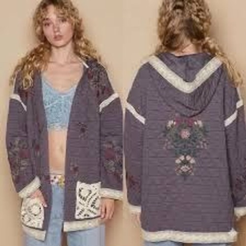 POL Quilted Embroidered Jacket Crochet Lace Floral Boho Hooded Grey Large NWOT